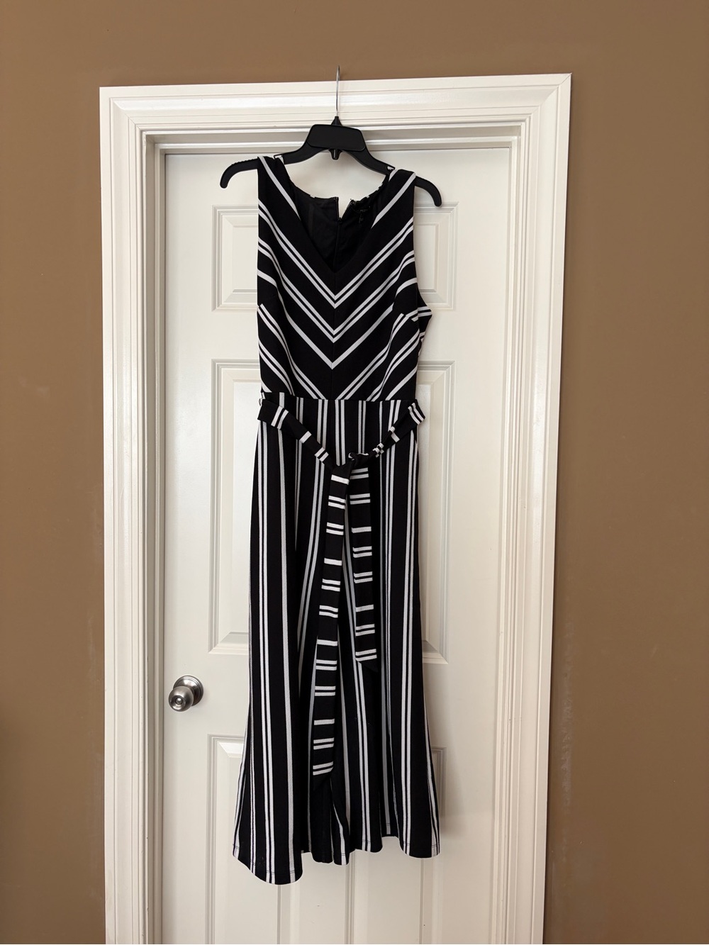 Ann Taylor Black and White Striped Sleeveless Jumpsuit with Waist Tie